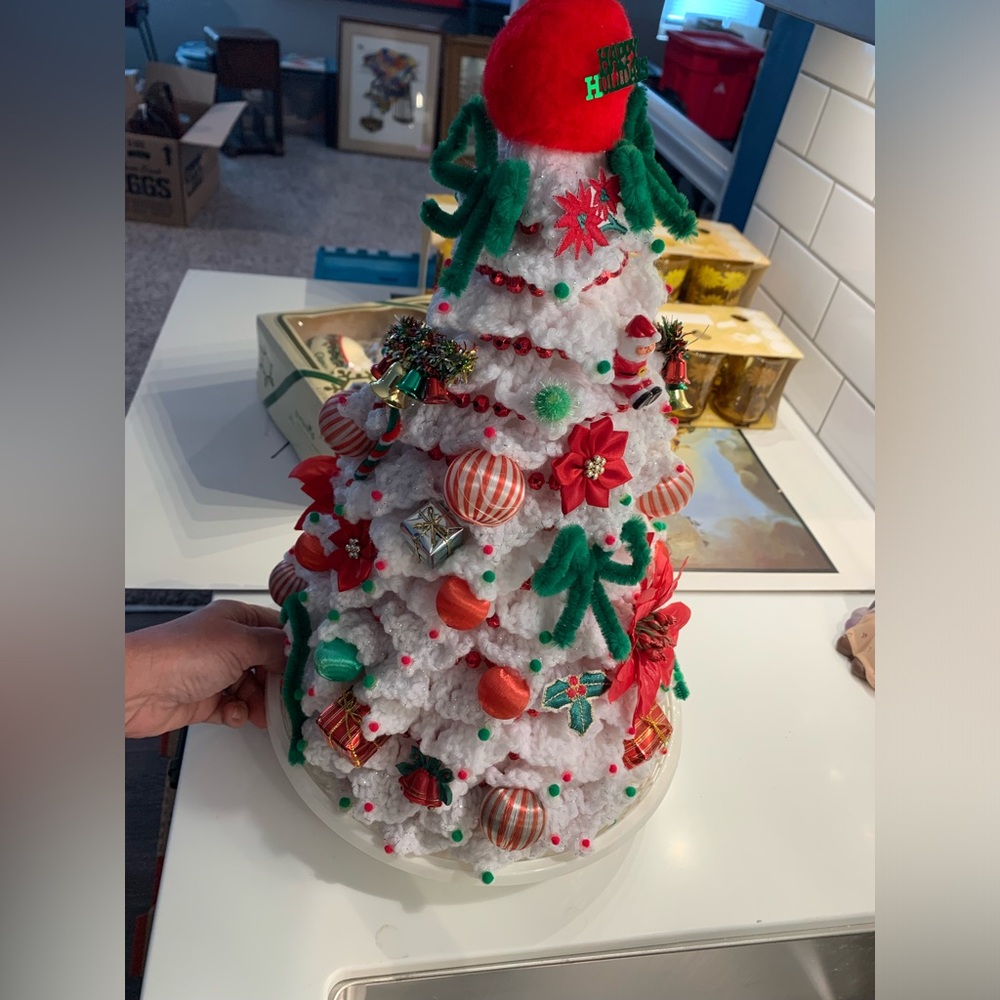 VTG Handcrafted crocheted Christmas Tree with ornaments Kitschy